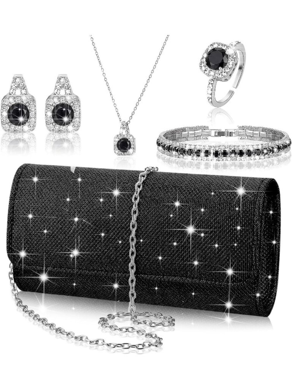 Women's Black 5pc Rhinestone Jewelry Set Clutch Purse Crystal Wedding Prom